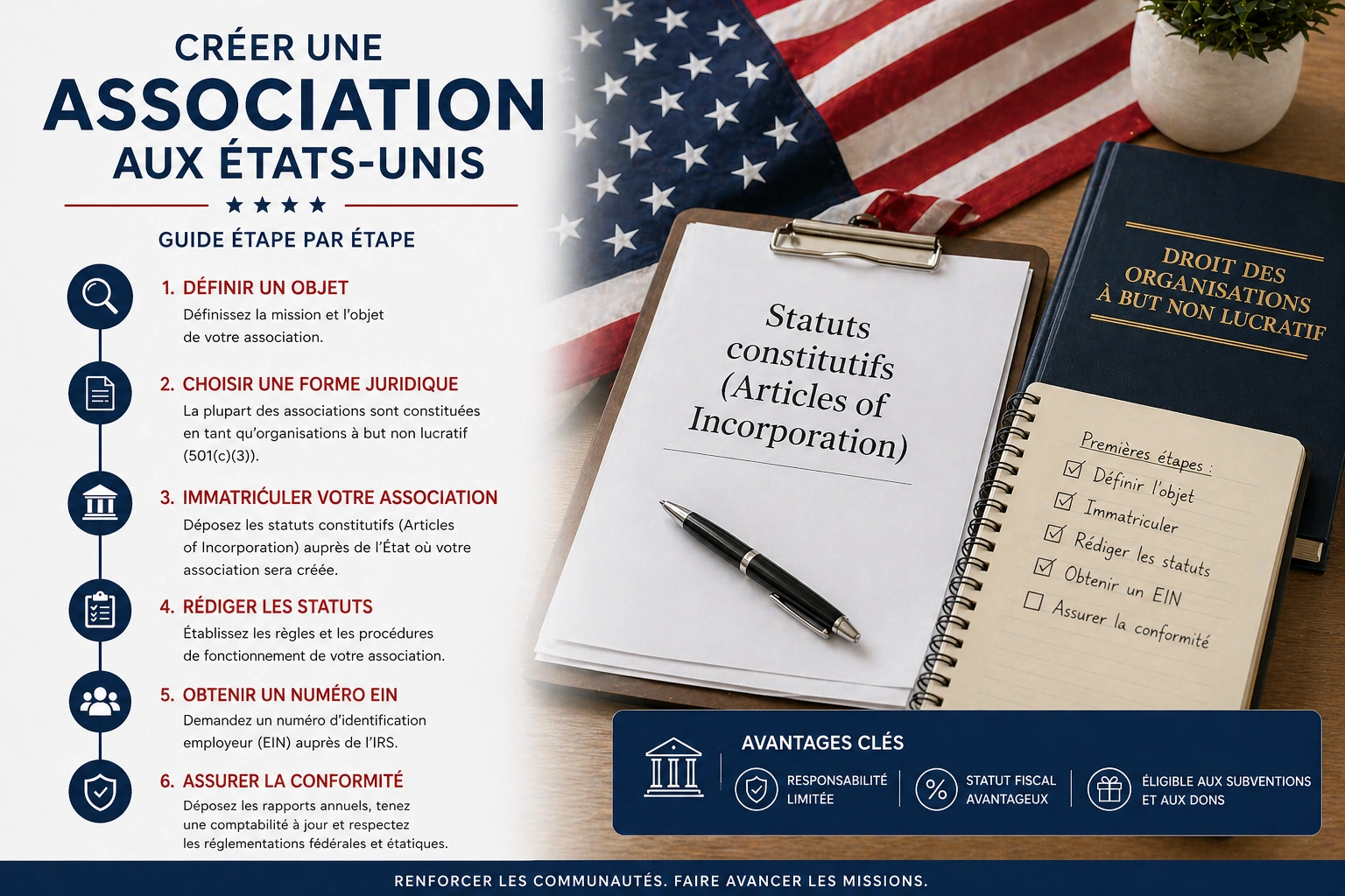 Infographie des étapes de création d'une association à but non lucratif aux États-Unis, version française
