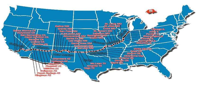 Route 66 map from Chicago to Santa Monica